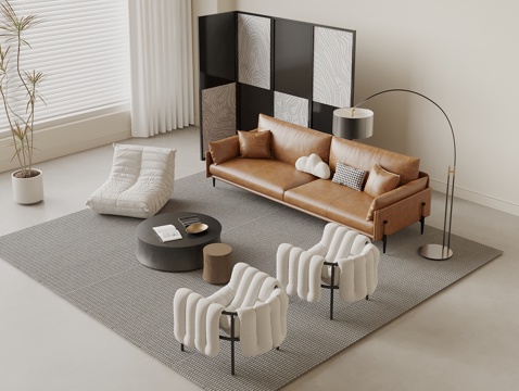  现代简约风沙发茶几组合 休闲椅 屏风 落地灯3d模型 