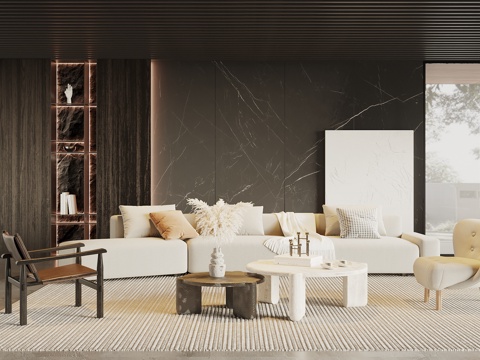  现代意式客厅 沙发背景墙 沙发电视墙 休闲椅 置物架3d模型 