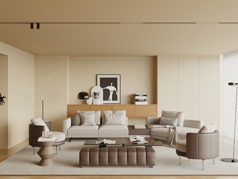  侘寂中古客厅 沙发背景墙 沙发电视墙 休闲椅 置物架3d模型 