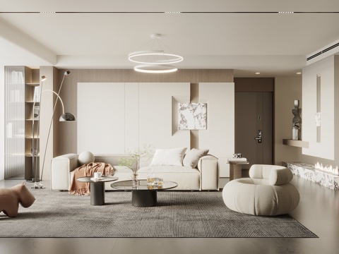  现代原木风客厅 沙发茶几组合 沙发背景墙 置物架 休闲椅3d模型 