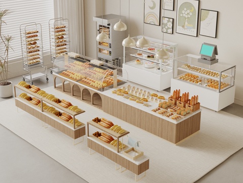  现代甜品面包店 面包展示架 蛋糕展示柜 烘焙店货架 甜品展示3d模型 