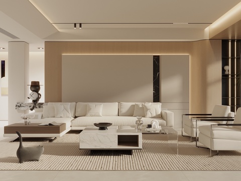  现代原木风客厅 沙发茶几组合 沙发背景墙 置物架 休闲椅3d模型 