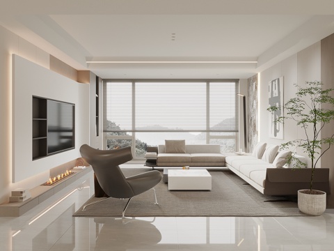  现代奶油风客厅 电视背景墙 沙发背景墙 沙发茶几组合3d模型 