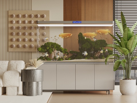  现代奶油风鱼缸 水族 热带鱼 绿植3d模型 