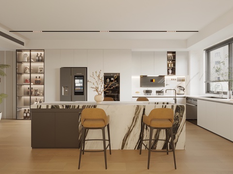  现代原木风厨房 厨房电器组合 岛台厨房 冰箱柜 集成灶3d模型 