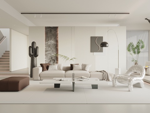  现代奶油风客厅 沙发背景墙沙发茶几组合 客厅吊灯 落地灯3d模型 