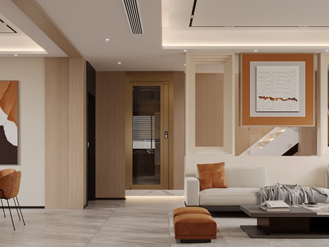  现代轻奢原木客餐厅3d模型 