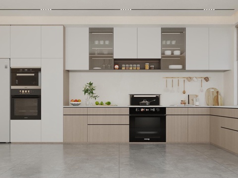  现代原木风厨房 厨房电器组合 冰箱柜 集成灶 L型厨房 厨房3d模型 