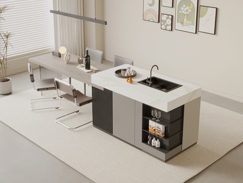  现代奶油风岛台 岛台餐桌椅组合 吧台椅3d模型3d模型 