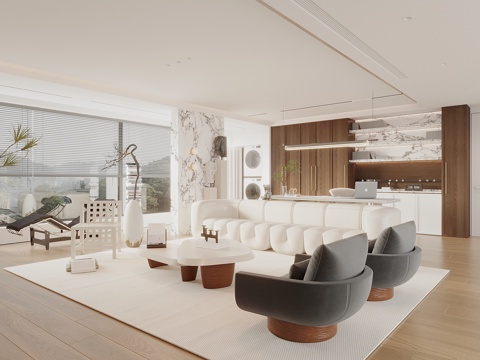  现代原木风客厅 客厅书房 沙发茶几组合 酒柜餐边柜 休闲椅3d模型 