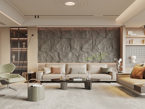  侘寂中古客厅 沙发背景墙 沙发电视墙 休闲椅 置物架3d模型 