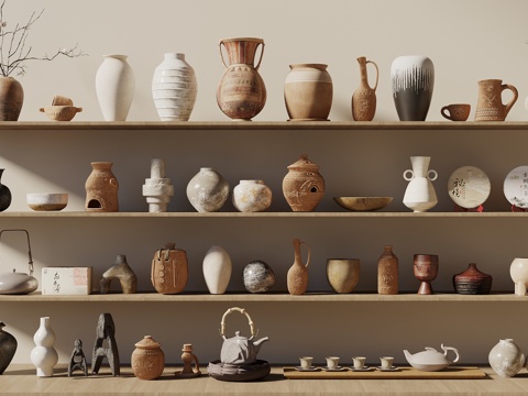  中古侘寂陶罐 罐子 陶瓷器皿 陶罐摆件组合 茶叶罐3d模型 