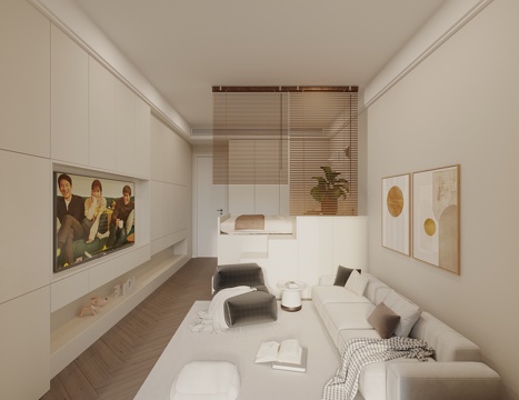  现代奶油风客厅 电视背景墙 公寓 沙发背景墙 上下床 沙发茶3d模型 