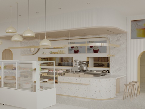  现代甜品面包店 面包展示架 蛋糕展示柜 烘焙店货架 甜品展示3d模型 