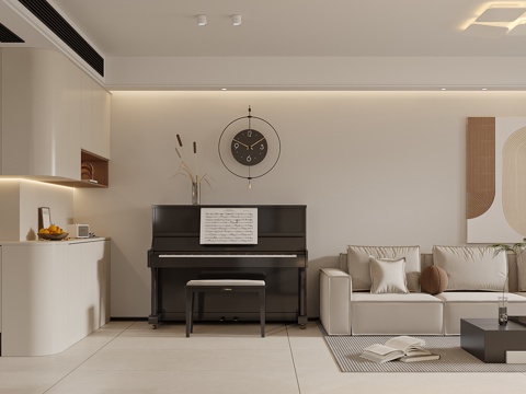  现代奶油风客餐厅3d模型 