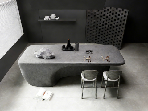 现代简约弧形岛台 西厨岛台 水泥风su模型