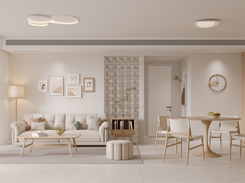  现代奶油原木客餐厅3d模型 