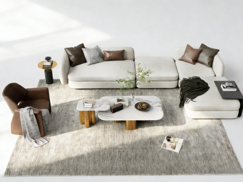 现代简约客厅软装套组 L型沙发 大理石茶几 单人椅 地毯抱枕su模型