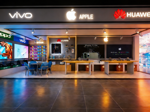 科技感数码产品店 展示台体验桌 广告屏 手机店专卖店 商场中su模型