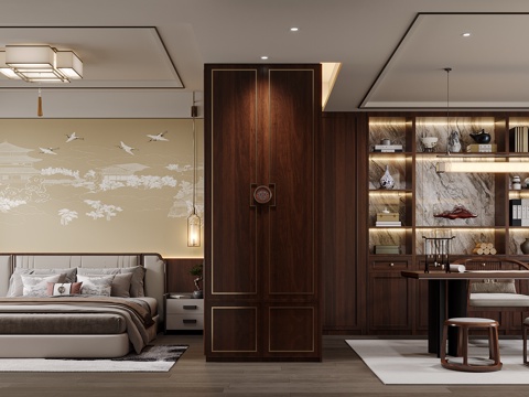  新中式卧室书房3d模型 