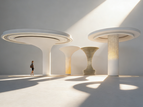 未来感圆形平台与柱体艺术装置 柱子 商场中庭装置 灯饰su模型