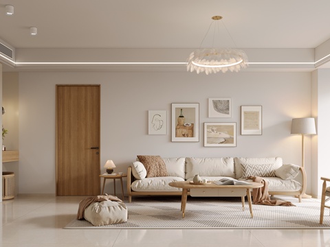  现代奶油原木客餐厅3d模型 