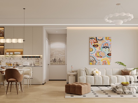  奶油风客餐厅3d模型 