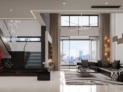  现代意式轻奢黑白灰客餐厅3d模型 