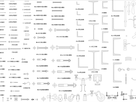五金管件 水龙头 螺丝 门把手 膨胀螺栓 螺钉角钢槽钢钉子cad施工图