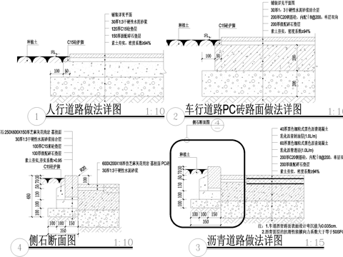 沥青道路 混凝土路面 侧石 人行道 车行道PC砖cad施工图