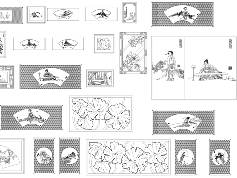 中式画卷画窗图块图库CAD施工图cad施工图