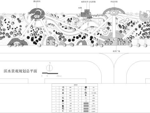 滨水公园河道景观平面图 植物种植配置绿化 小游园cad施工图