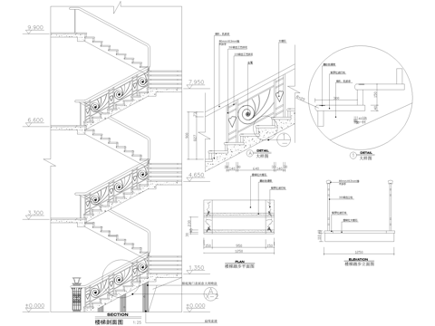 别墅三跑楼梯节点 扶手 栏杆 台阶踏步cad施工图