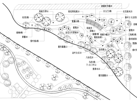滨水公园河道景观平面图 植物种植绿化配置 小游园绿地cad施工图