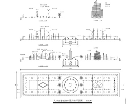 音乐喷泉水池平立剖面CAD施工图cad施工图