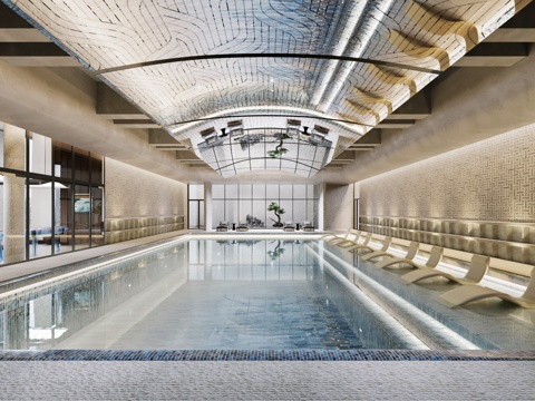  现代酒店会所游泳池3d模型 