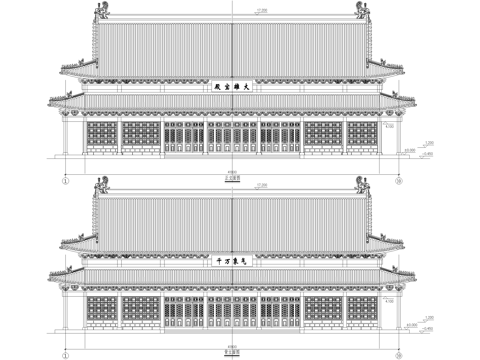 中式寺庙 大雄宝殿建筑结构 重檐歇山顶cad施工图