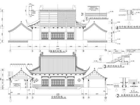 中式寺庙 财神殿主殿厢房 三合院 歇山顶硬山顶cad施工图