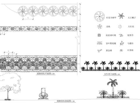 道路绿化 植物种植配置图 分车带cad施工图