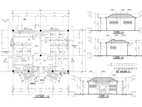 单层公共厕所建筑 卫生间洗手间 管理房cad施工图