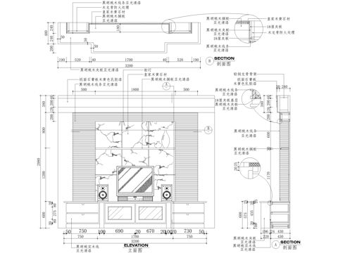 客厅电视背景墙节点 电视柜cad施工图