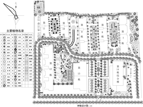 居住区景观规划植物种植绿化配置小区平面图 植物名录cad施工图