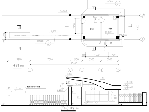 门卫室建筑 入口大门 休息值班室传达室 门房警卫室cad施工图