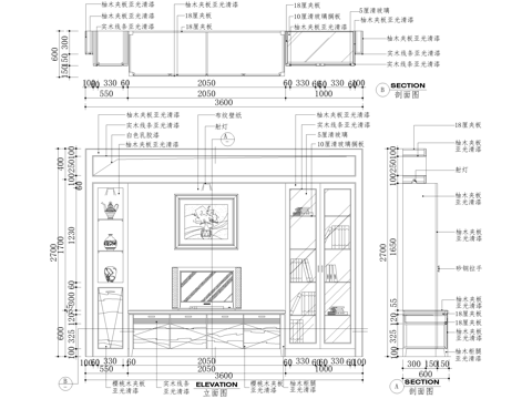 客厅电视背景墙节点 置物架电视柜cad施工图