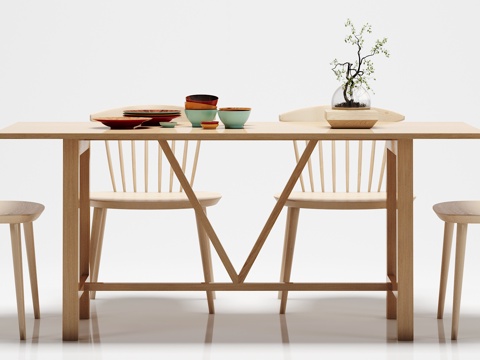  法式田园 木质餐桌 椅子 摆件组合3d模型 