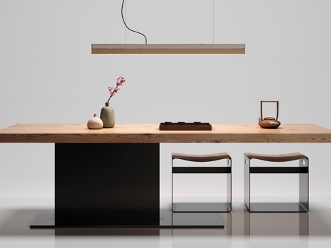  新中式茶桌椅子吊灯摆件组合3d模型 