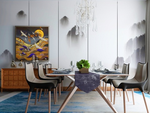  新中式餐桌椅组合3d模型 