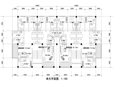 单元楼建筑平面图小户型平层 户型图 两室两厅三室两厅一梯两户cad施工图