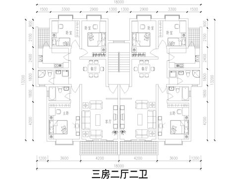 平层户型图 三室两厅两卫 一梯两户 建筑平面图cad施工图