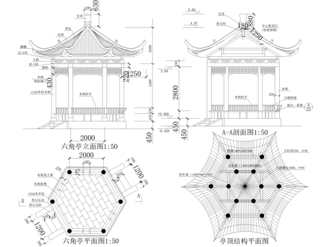中式亭子 六角亭 仿古建筑 景观亭 凉亭 木亭cad施工图